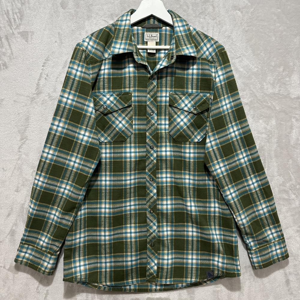 LL Bean Shirt Men's M-TALL Flannel Plaid Button Down Elbow Patches Wool‎ Blend